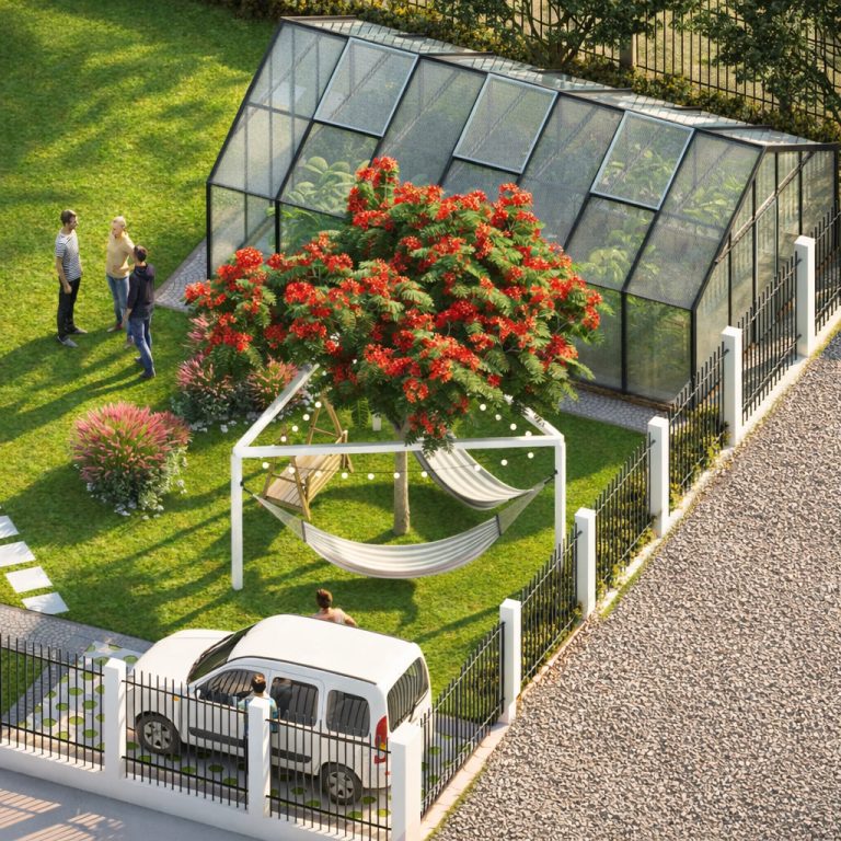 amenajare gradina rezidentiala cu sera hamace zona de relaxare si spatii verzi organizate intr-un design exterior functional