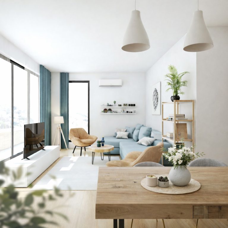 living luminos pentru familie cu canapea turcoaz, accente din lemn și zonă de dining într-un spațiu modern