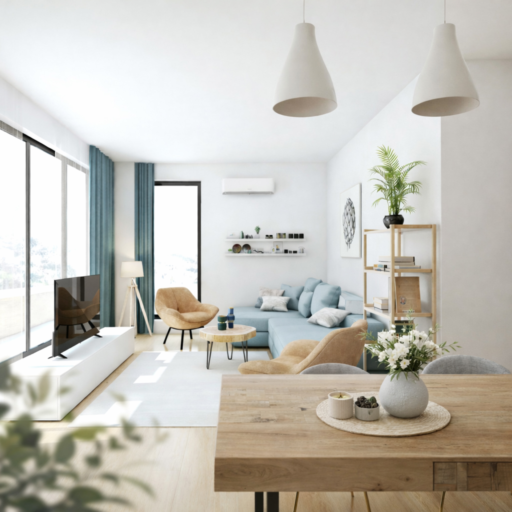 living luminos pentru familie cu canapea turcoaz, accente din lemn și zonă de dining într-un spațiu modern