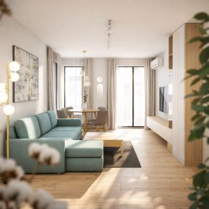 living minimalist cu canapea verde, mobilier din lemn și lumină naturală într-un apartament modern