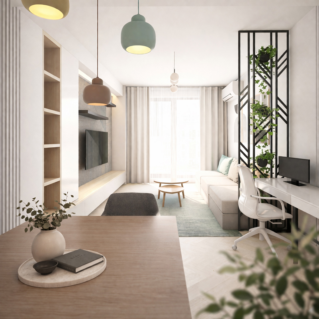 living luminos cu zonă de lucru și mobilier minimalist într-un apartament modern cu accente naturale