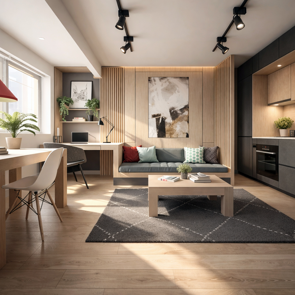 apartament studio compact cu zona de living, birou și bucătărie integrate într-un spațiu modern
