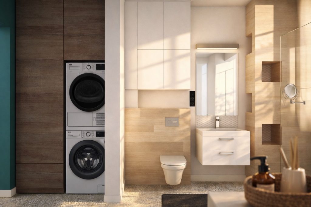 Baie mica moderna cu masina de spalat si uscator integrate, mobilier minimalist si finisaje din lemn deschis
