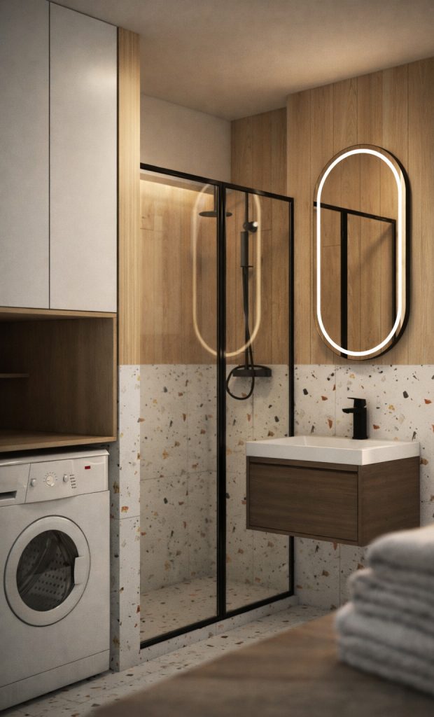 baie moderna compacta cu dus walk-in masina de spalat integrata si mobilier suspendat cu depozitare alb