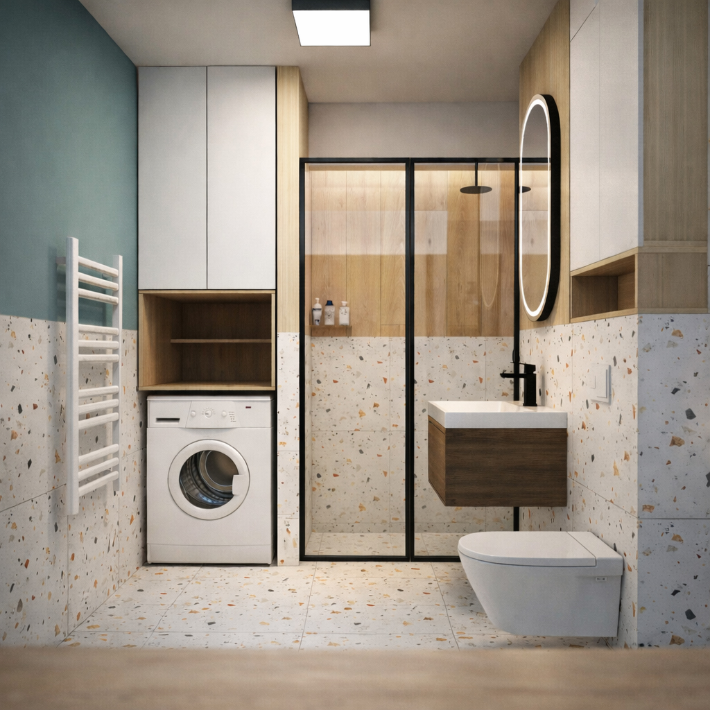 baie moderna compacta cu dus walk-in masina de spalat integrata si mobilier suspendat cu depozitare