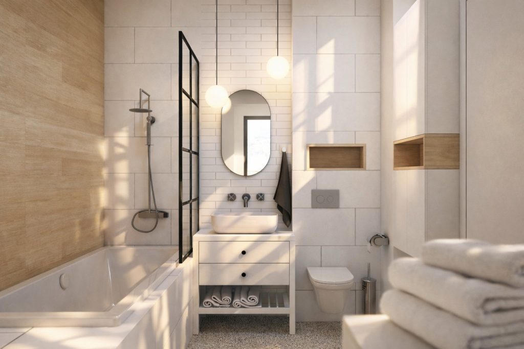 Baie moderna in stil scandinav cu cada, finisaje deschise, mobilier minimalist si lumina naturala calda