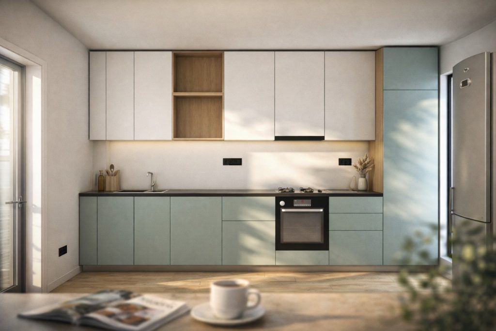 bucatarie moderna minimalista cu mobilier liniar in nuante de verde si lemn iluminare ambientala si electrocasnice integrate