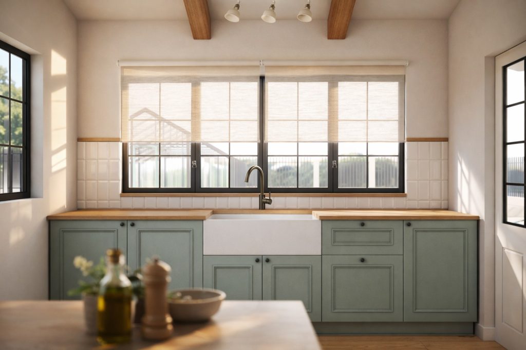 Interior bucătărie de vară cu design cald și lumină naturală