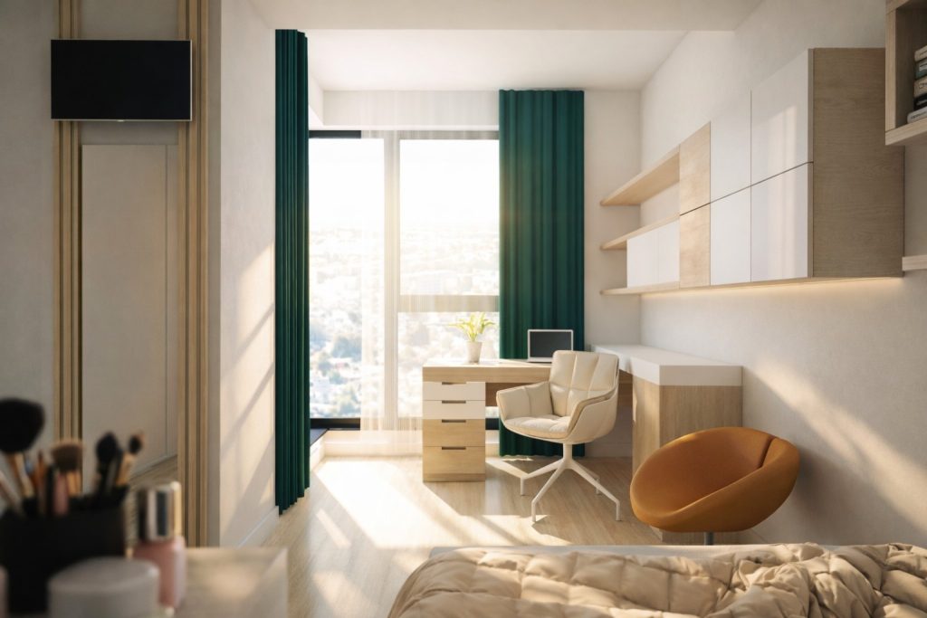 Camera pentru fata cu birou langa fereastra, mobilier minimalist, perdele verzi si lumina naturala