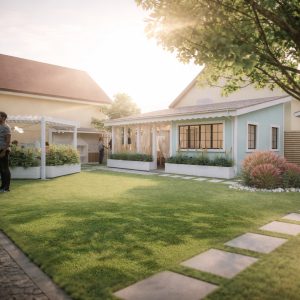 Terasă exterioară amenajată cu mobilier din lemn și vedere spre grădină