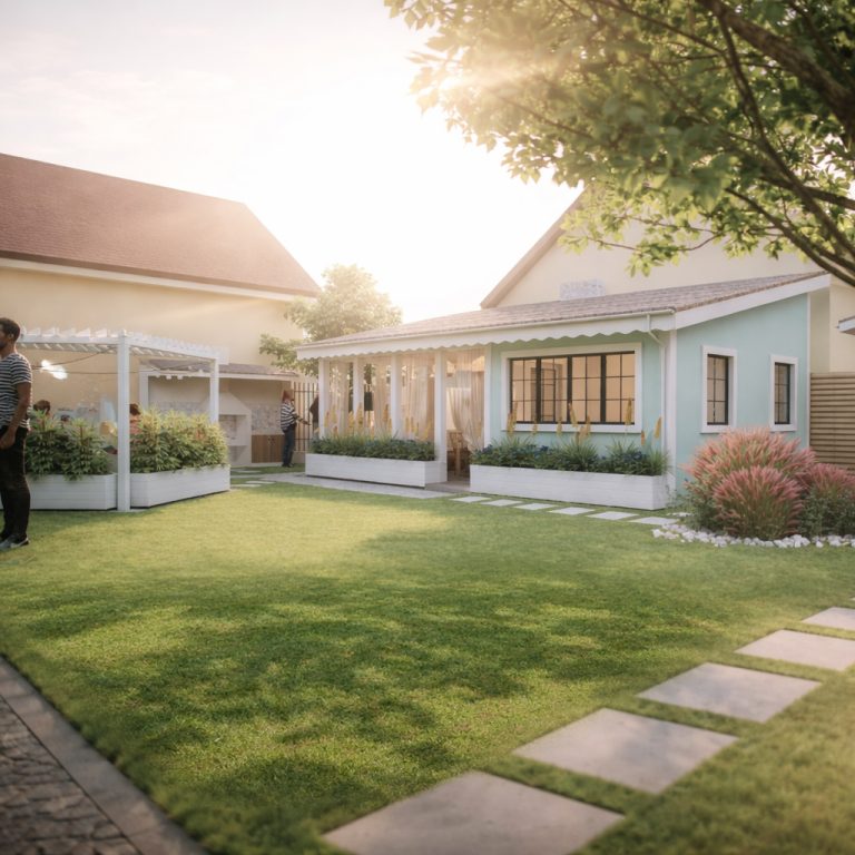 Terasă exterioară amenajată cu mobilier din lemn și vedere spre grădină