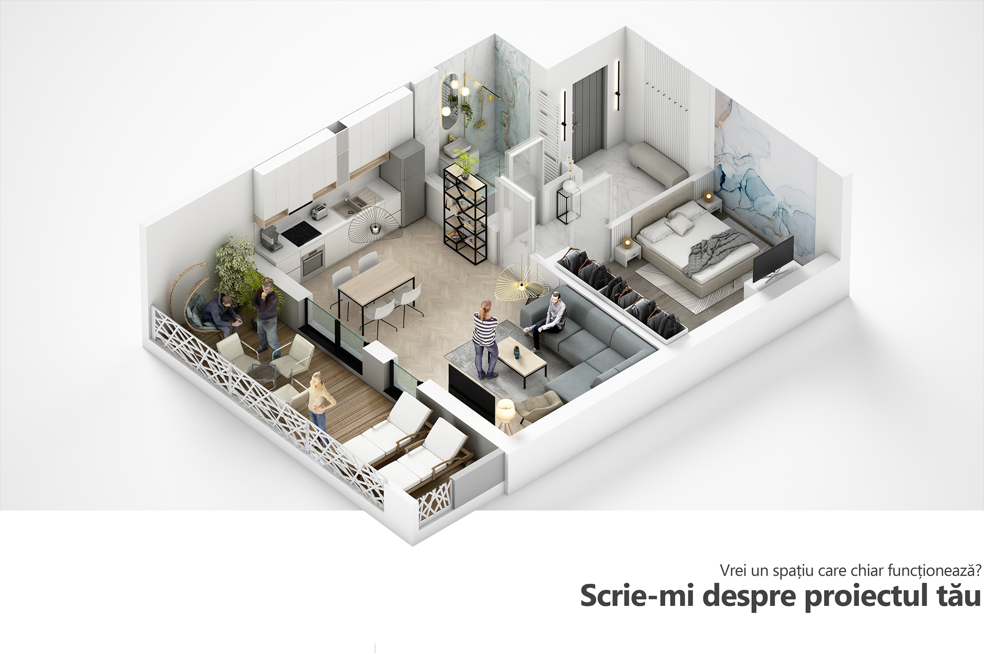design interior apartament modern vedere de ansamblu cu living bucatarie dormitor si terasa organizate functional