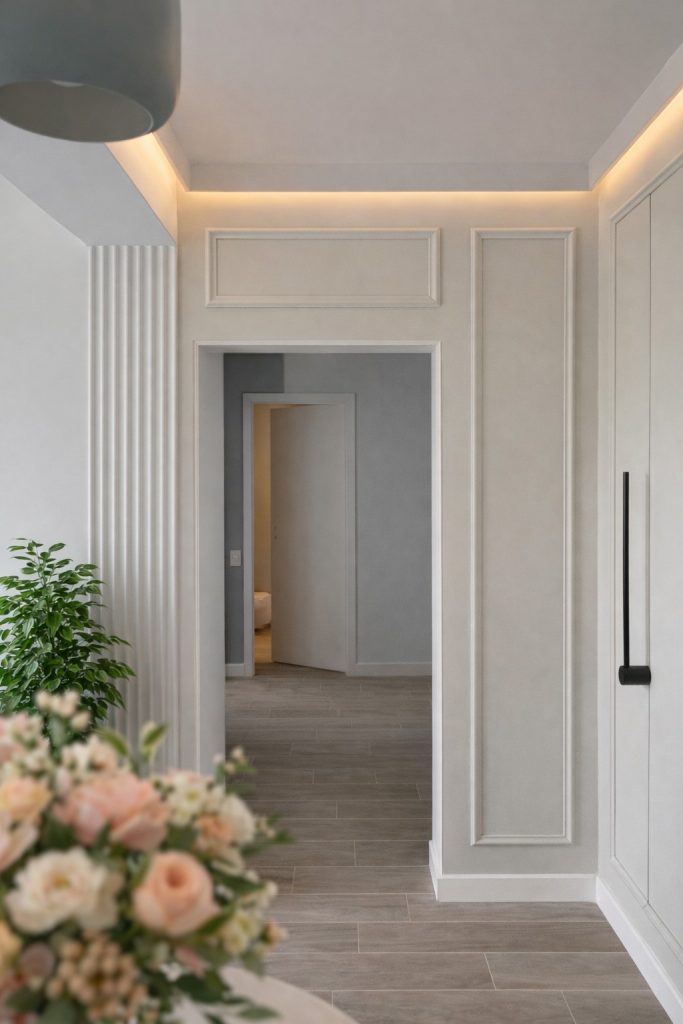 living cu grindă integrată și lumină led indirectă în tavan