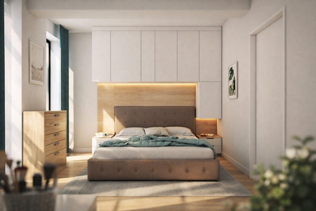Dormitor matrimonial cu pat tapitat, mobilier alb si lemn, iluminare ambientala si design minimalist