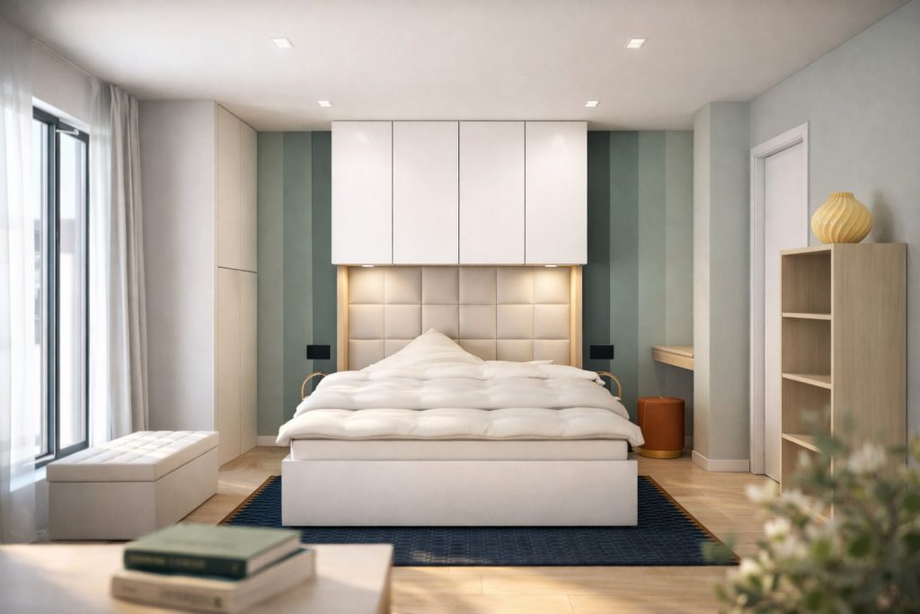 dormitor modern minimalist cu pat central si depozitare integrata deasupra patului, iluminare ambientala si paleta de culori neutre