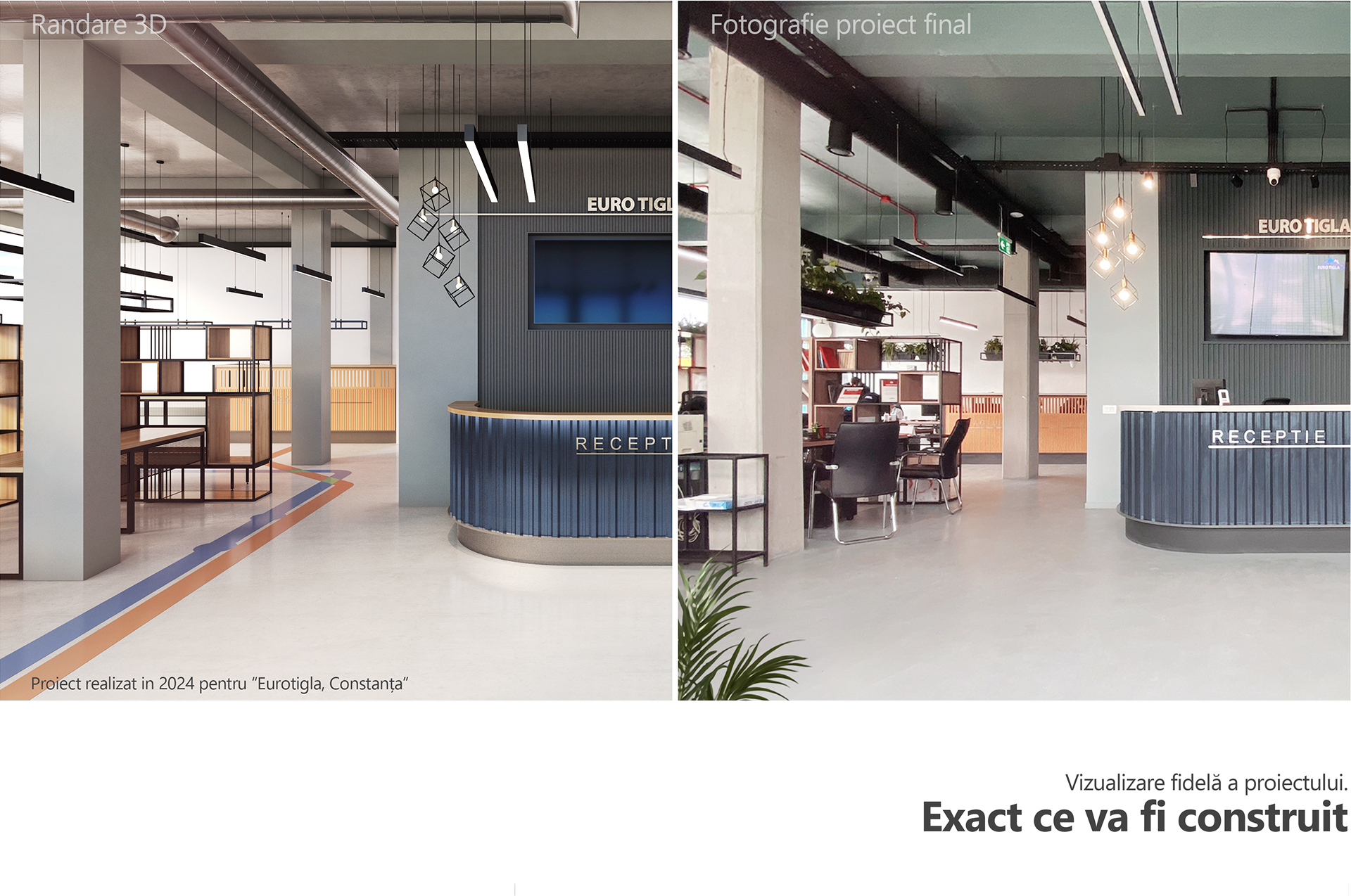 comparison between 3D interior render and completed industrial office space