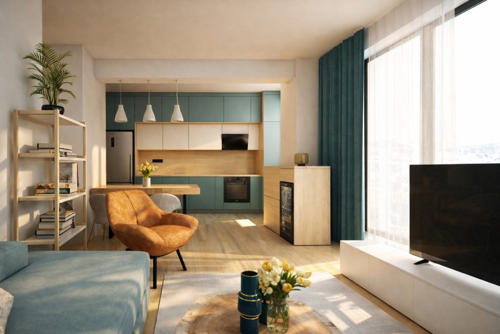 Living open space cu bucatarie moderna, mobilier in tonuri de verde si lemn, lumina naturala abundenta