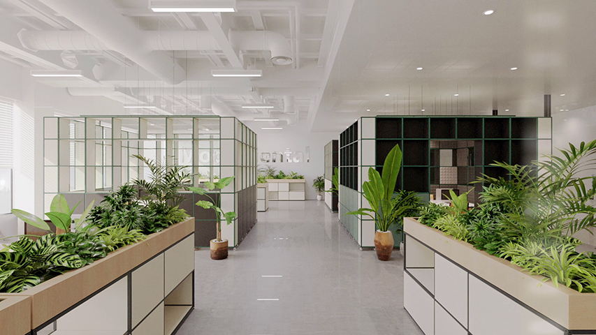 Spațiu de birou cu plante și mobilier modular organizat