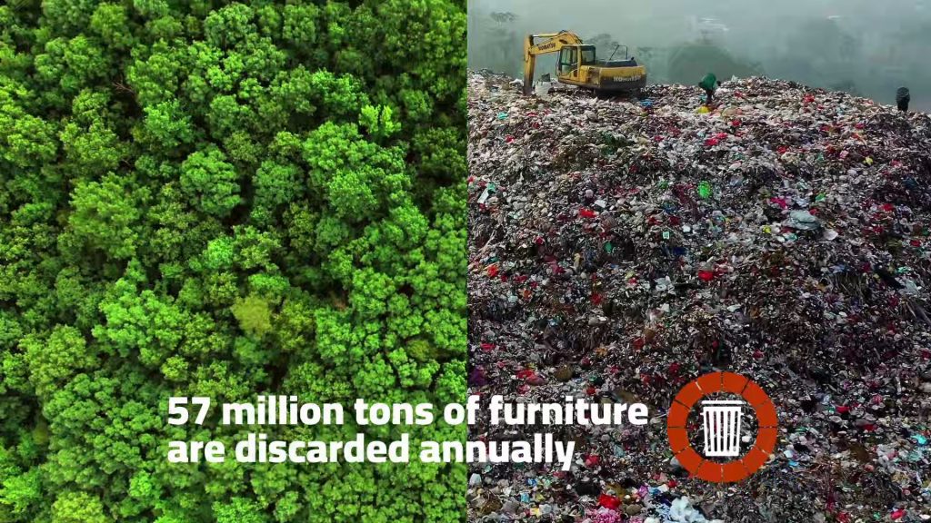 Split image showing green forest and landfill representing furniture waste impact