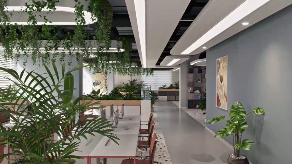 Contemporary office interior with greenery and modular furniture system