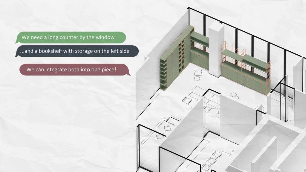 Architectural layout showing integrated modular shelving and workspace solutions