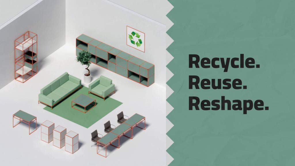 Modern office layout with modular furniture including sofa, shelving and desk systems