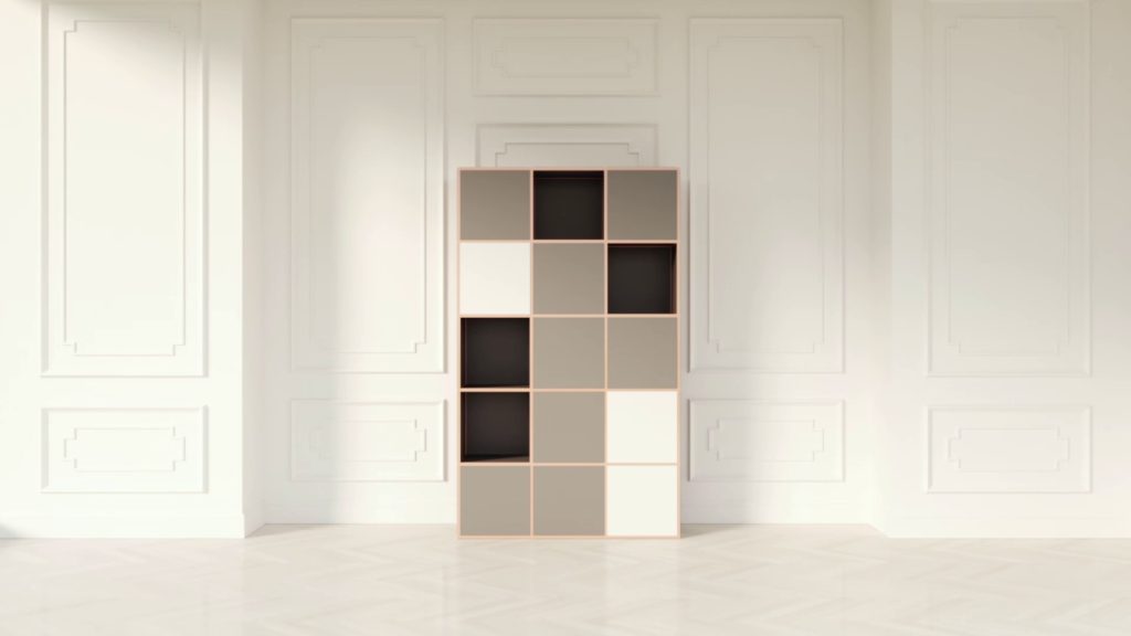 Modular shelving system with square compartments in a minimal classic interior space