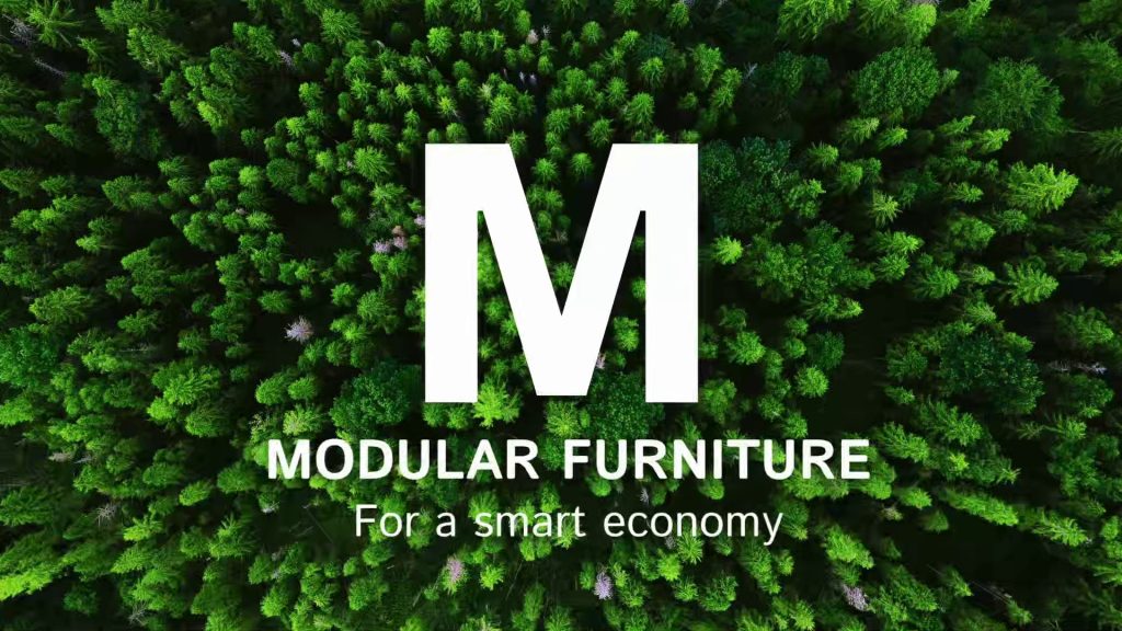 Letter M over forest representing sustainable modular furniture concept