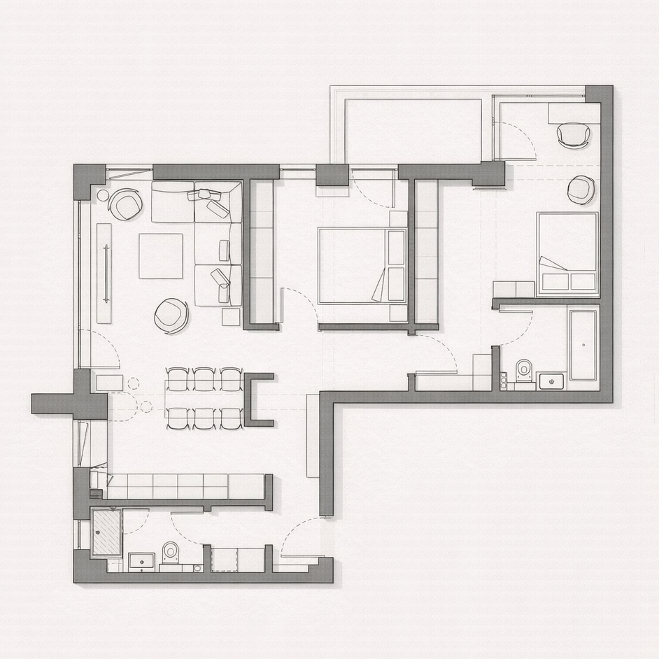 Plan apartament modern pentru familie cu un copil, compartimentare living open space, dormitor matrimonial si camera copil