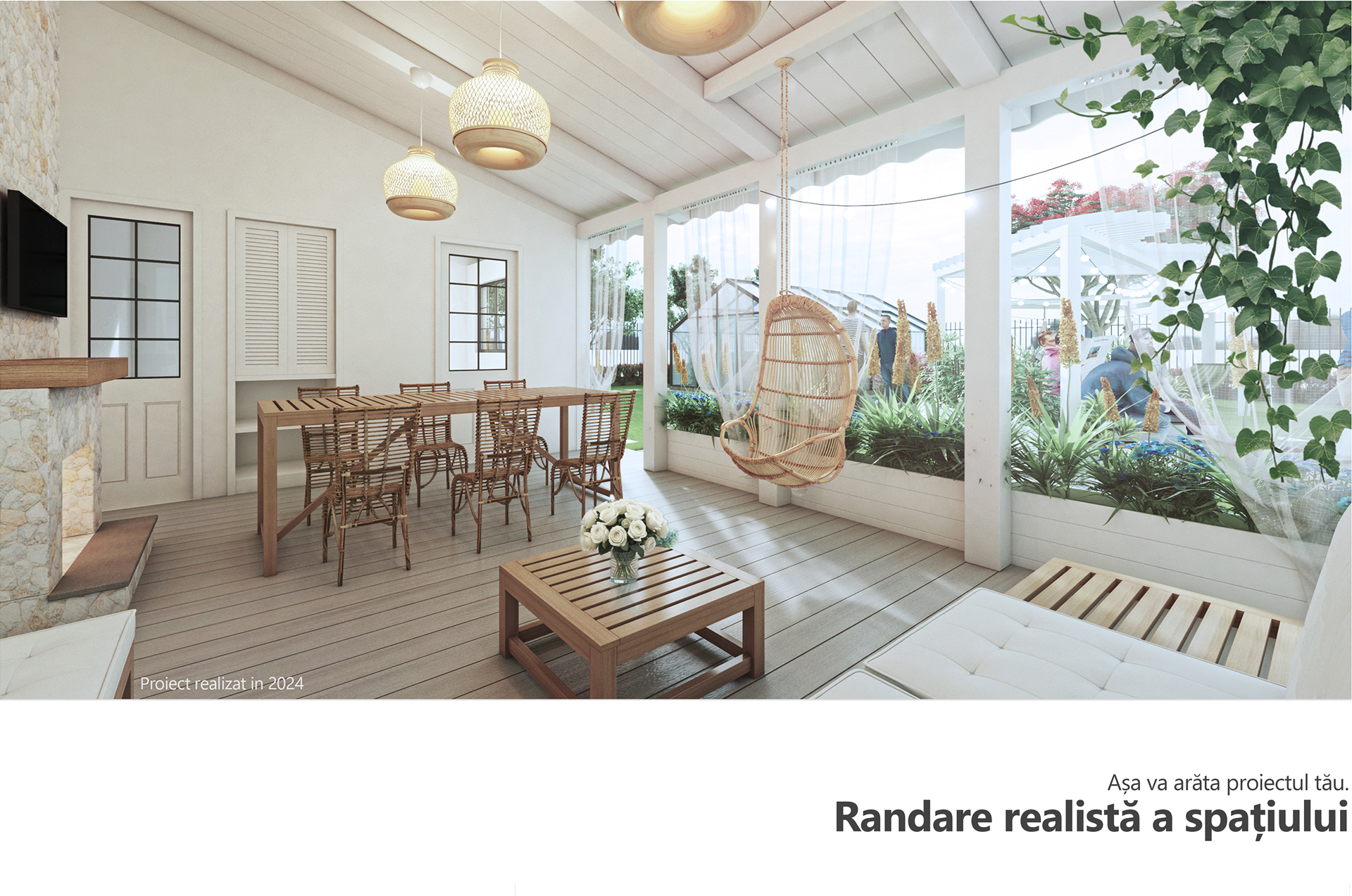 realistic 3D render of covered terrace with wood furniture and garden view