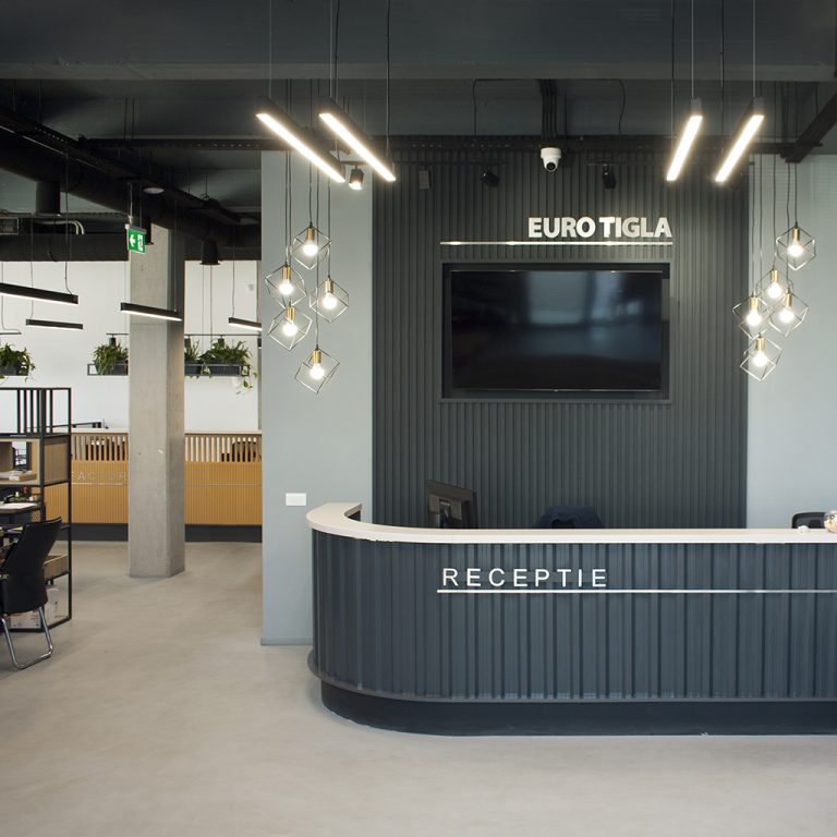 Recepție modernă de birou cu desk curbat, iluminat suspendat și perete riflat, proiect EuroTigla