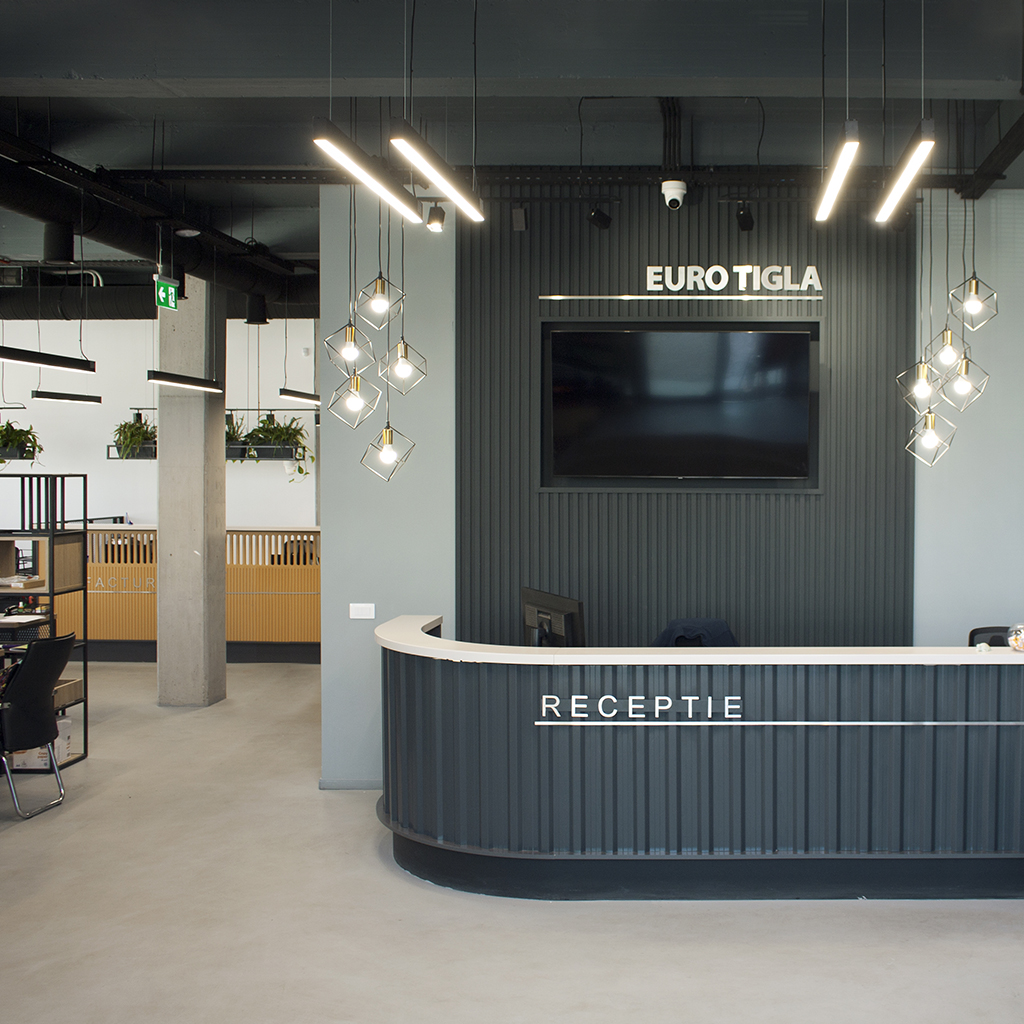Recepție modernă de birou cu desk curbat, iluminat suspendat și perete riflat, proiect EuroTigla