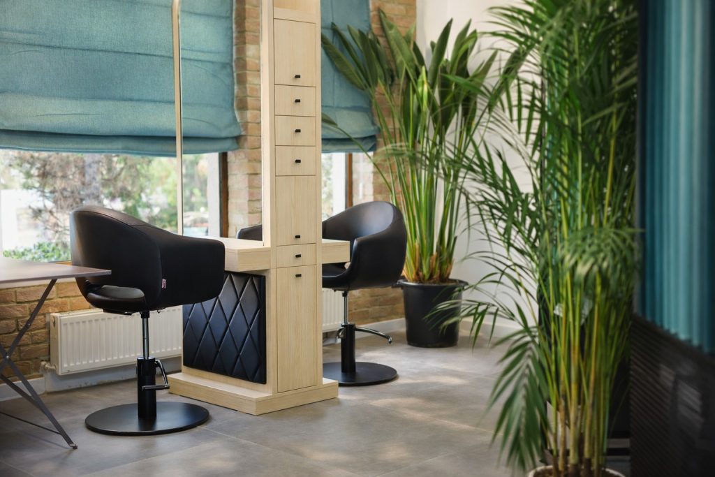 zona de lucru salon Lumi Hair Style din Navodari cu scaune de coafura mobilier din lemn si plante decorative intr-un design modern si luminos