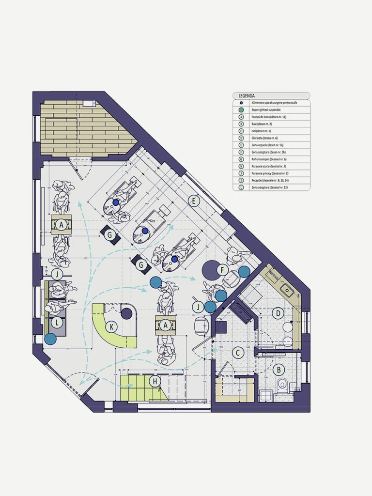 plan de amenajare salon Lumi Hair Style din Navodari cu organizarea posturilor de lucru si fluxul de circulatie