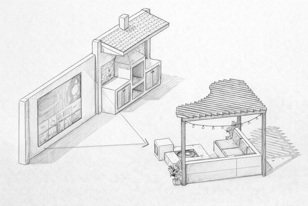 Schiță zonă de relaxare cu vatră, barbecue și proiecție pe perete