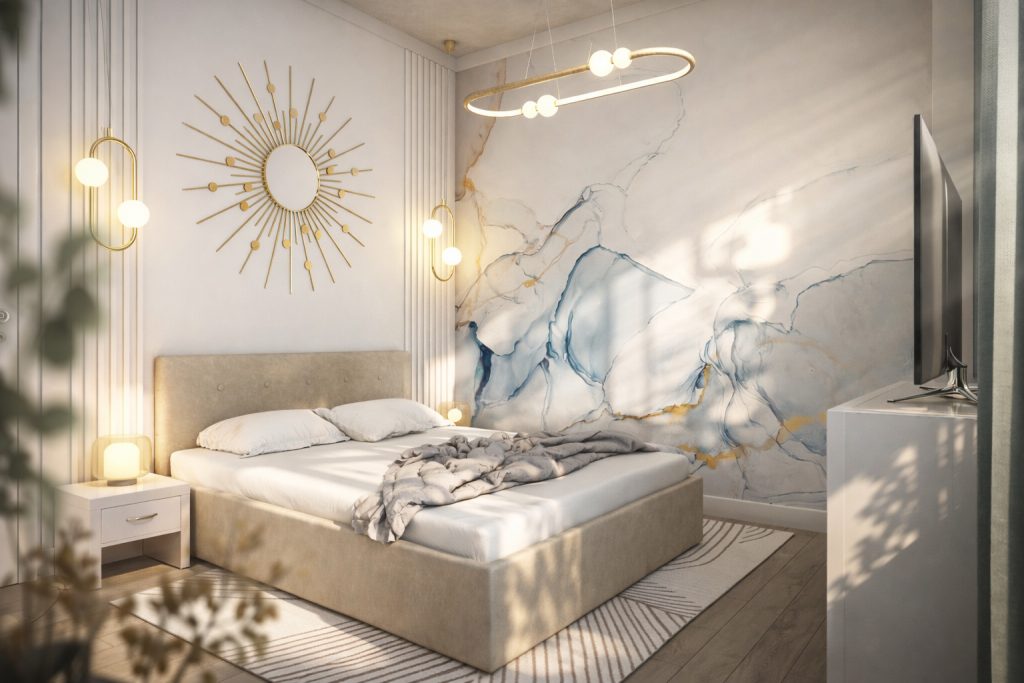 Randare dormitor modern apartament Sirenei Residence design interior