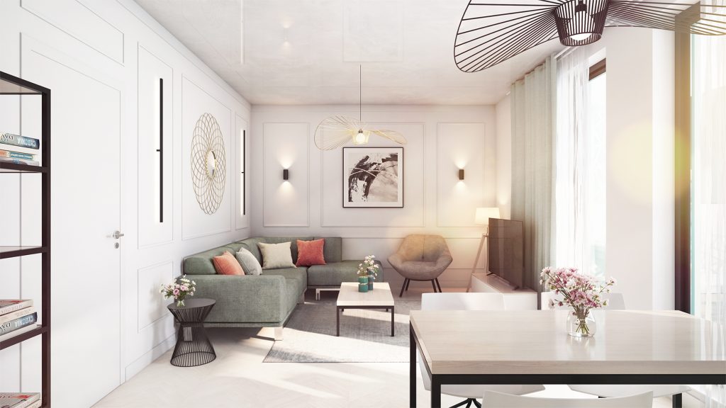 Randare living modern apartament Sirenei Residence design interior