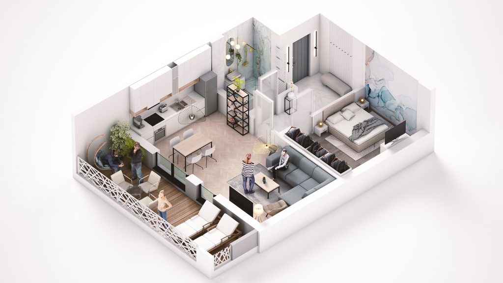 Vedere izometrică apartament randare 3D Sirenei Residence compartimentare