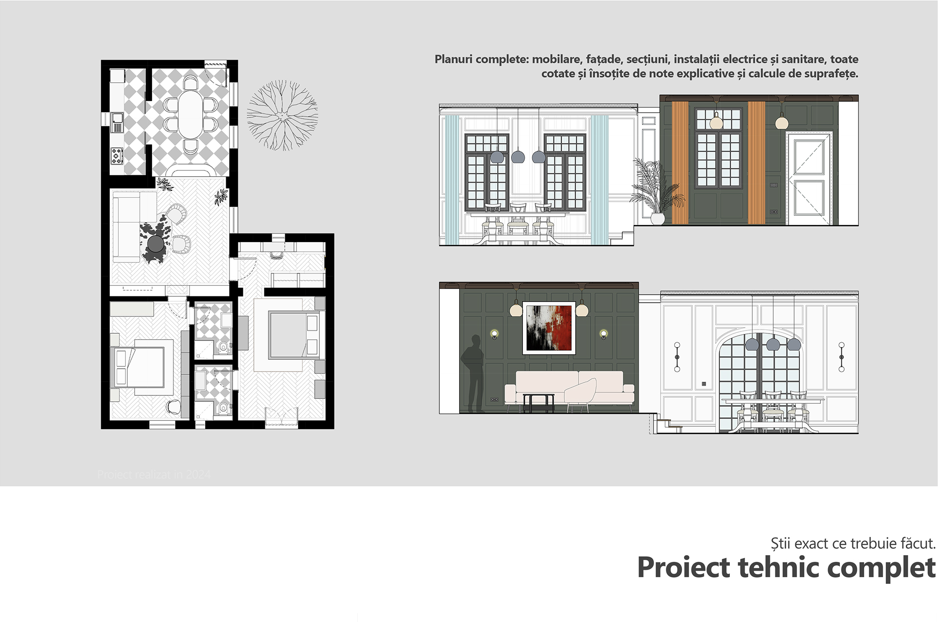 technical interior design plans including floor plan, wall elevations and detailed drawings