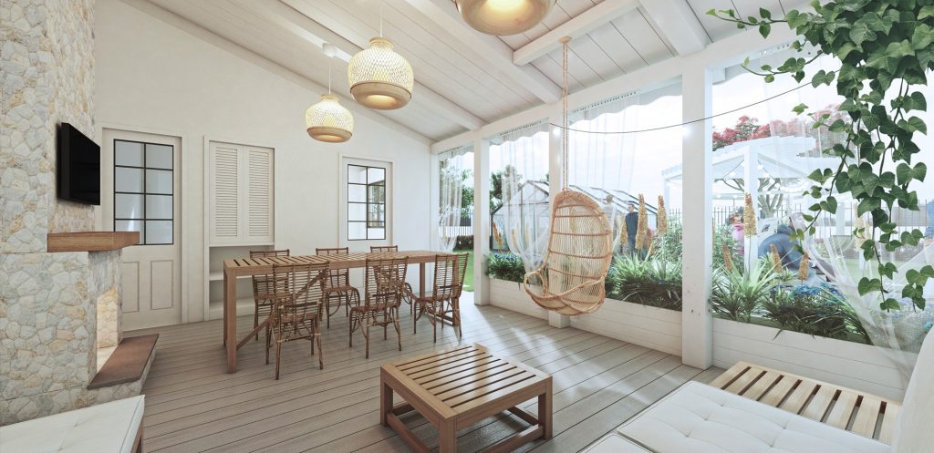 terasa acoperita in gradina cu zona de dining mobilier din lemn si vedere catre spatiul verde intr-un design exterior modern si relaxant