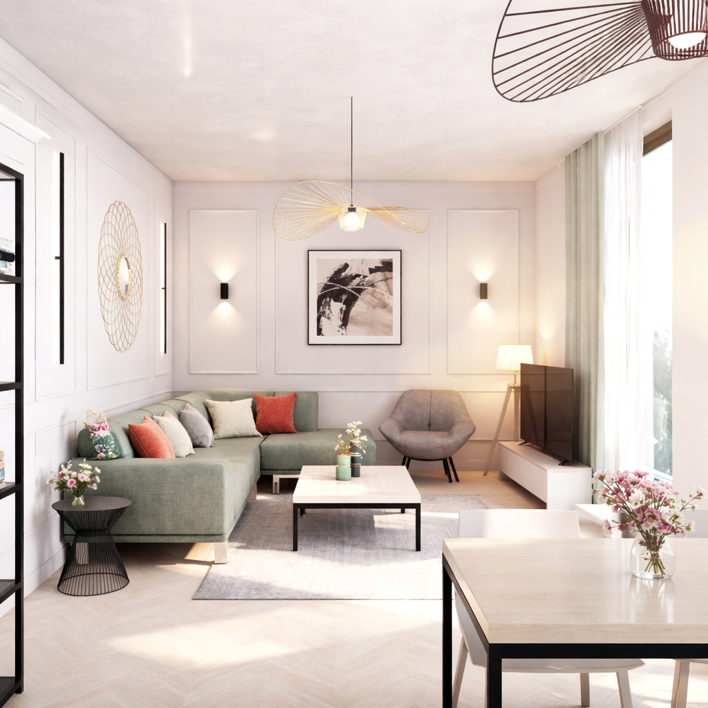 living luminos randat 3D pentru prezentare imobiliară într-un apartament modern