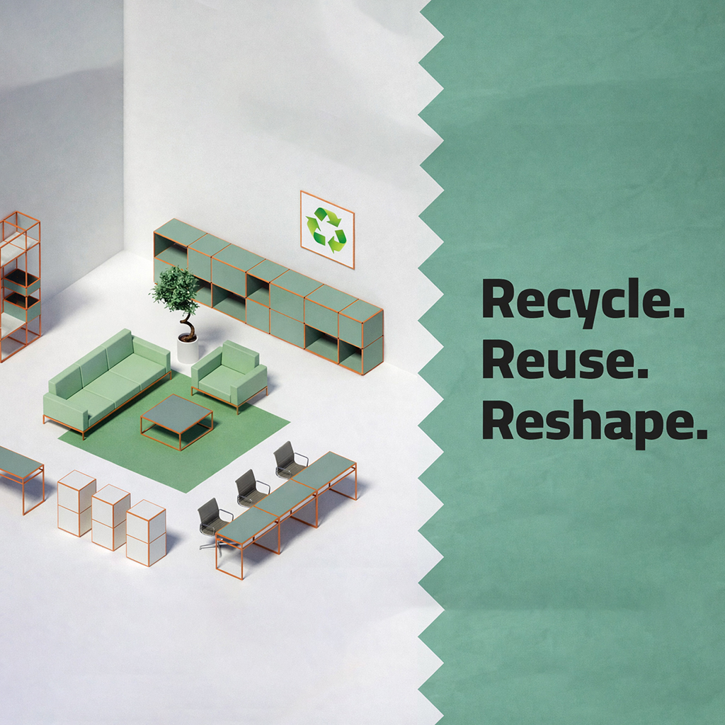 Modern office layout with modular furniture including sofa, shelving and desks