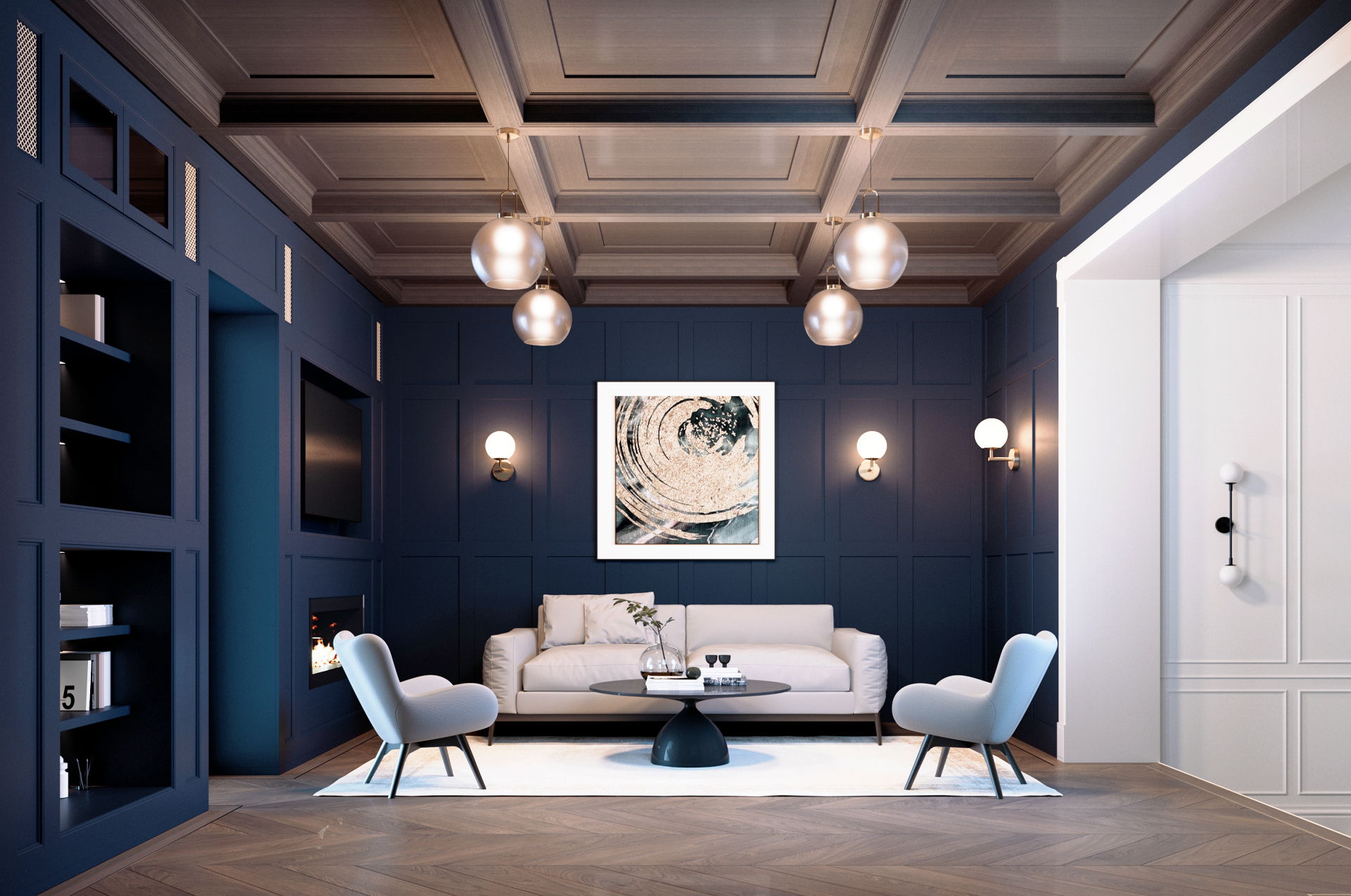 Living modern elegant cu pereți albaștri de tip lambriu, tavan casetat din lemn, canapea albă și iluminat ambiental cald