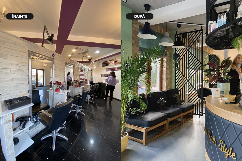 Salon de coafură înainte și după renovare, evidențiind transformarea spațiului într-un design modern și funcțional